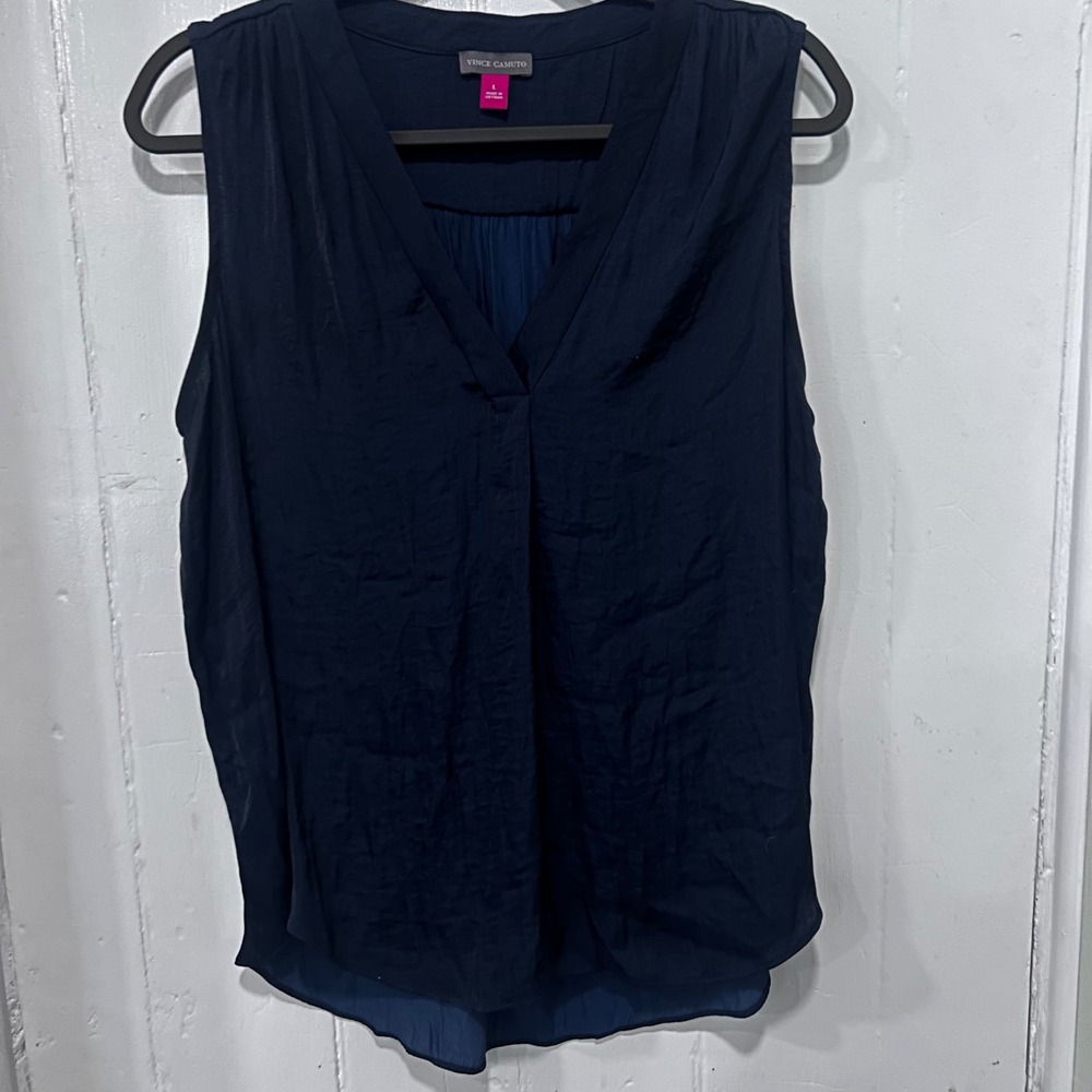 Vince Camuto Navy Blue Sleeveless V-Neck Pleated Blouse Top Large RN 51323